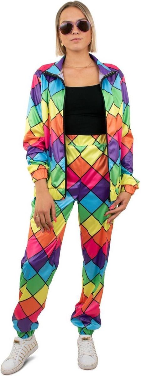 Jaren 80 & 90 Kostuum | Jaren 80 Trainingspak Multicolor Ruit Dames | Vrouw | Extra Small | Carnaval kostuum | Verkleedkleding